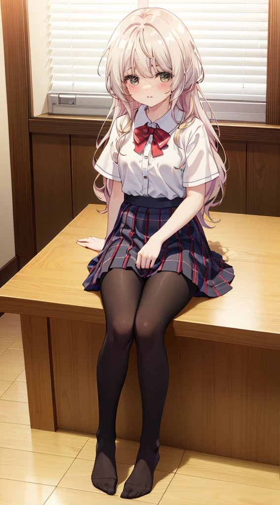 (8k、Best image quality、Highest quality、masterpiece)、One tall girl、((Full body))、Sitting on the floor、White panties are visible、Long Hair、Wavy Hair、blush、Moderate bust、White collared shirt、Short sleeve、((Plaid pleated mini skirt))、Classroom Background、((black tights))、Black Pantyhose、((No shoes))