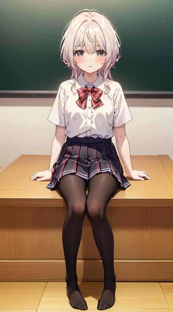 (8k、Best image quality、Highest quality、masterpiece)、One tall girl、((Full body))、Sitting on the floor、White panties are visible、Long Hair、Wavy Hair、blush、Moderate bust、White collared shirt、Short sleeve、((Plaid pleated mini skirt))、Classroom Background、((black tights))、Black Pantyhose、((No shoes))