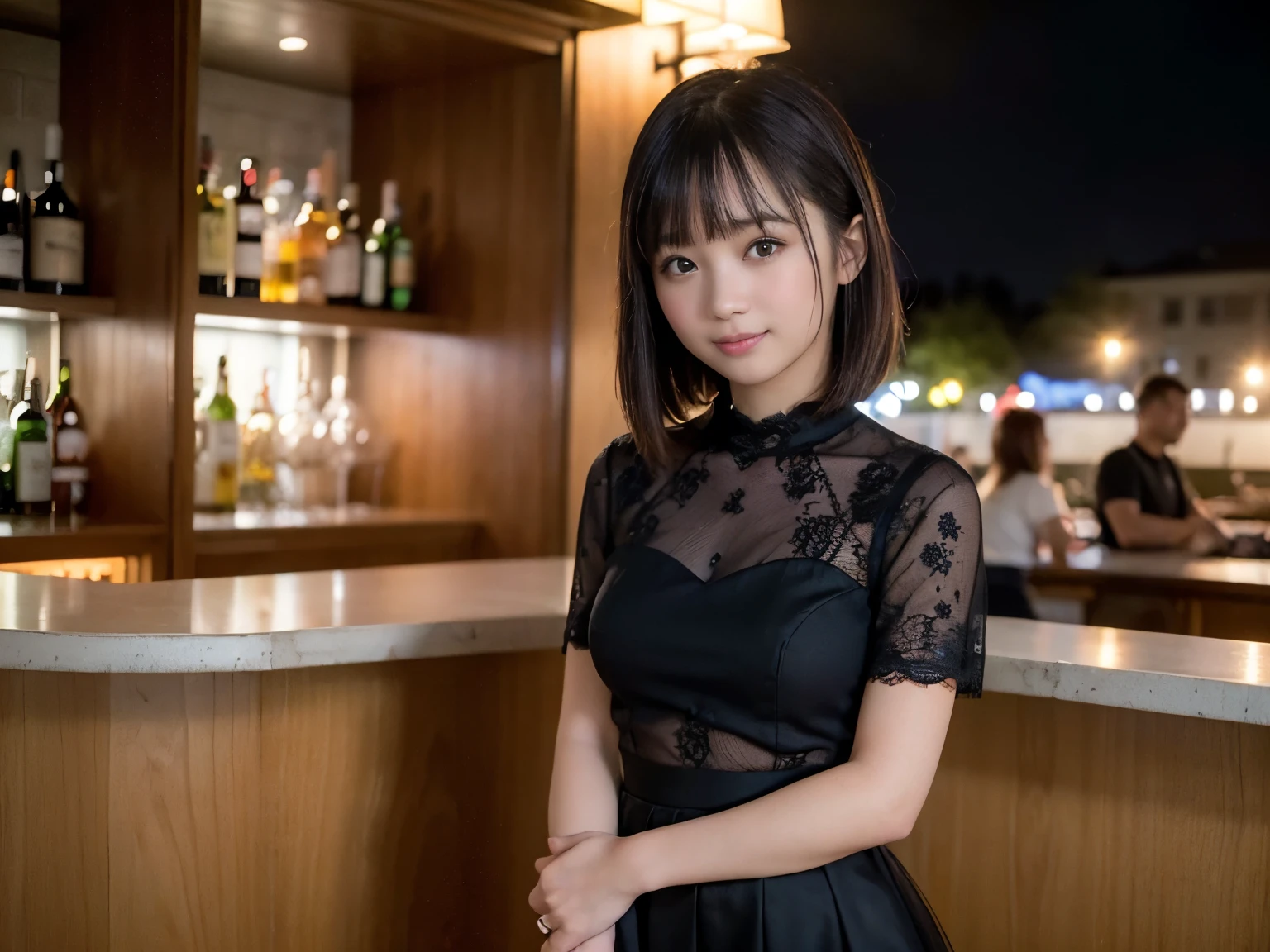 (Highest quality, masterpiece, Ultra-high resolution, 8k, RAW Photos, Realistic, Anatomically correct:1.5), (Stainless steel round bar fence:1.0, Put your elbow on the fence:1.2,  high school girl、20-year-old girl:1.2, Embarrassing, avert your eyes, blush:1.0, View Viewer, ((bar)) 、Night view、 Light:1.2, Bokeh, Cinema Lighting:1.0, Depth of written boundary, sharp、 Cute face、Idol、Black short sleeve lace top、Black tulle skirt、Black clothing、”dwarf”、(Floral clothes)、Full Body Shot、Cowboy Shot、 smile、(Short Cut)、(Straight bangs)、