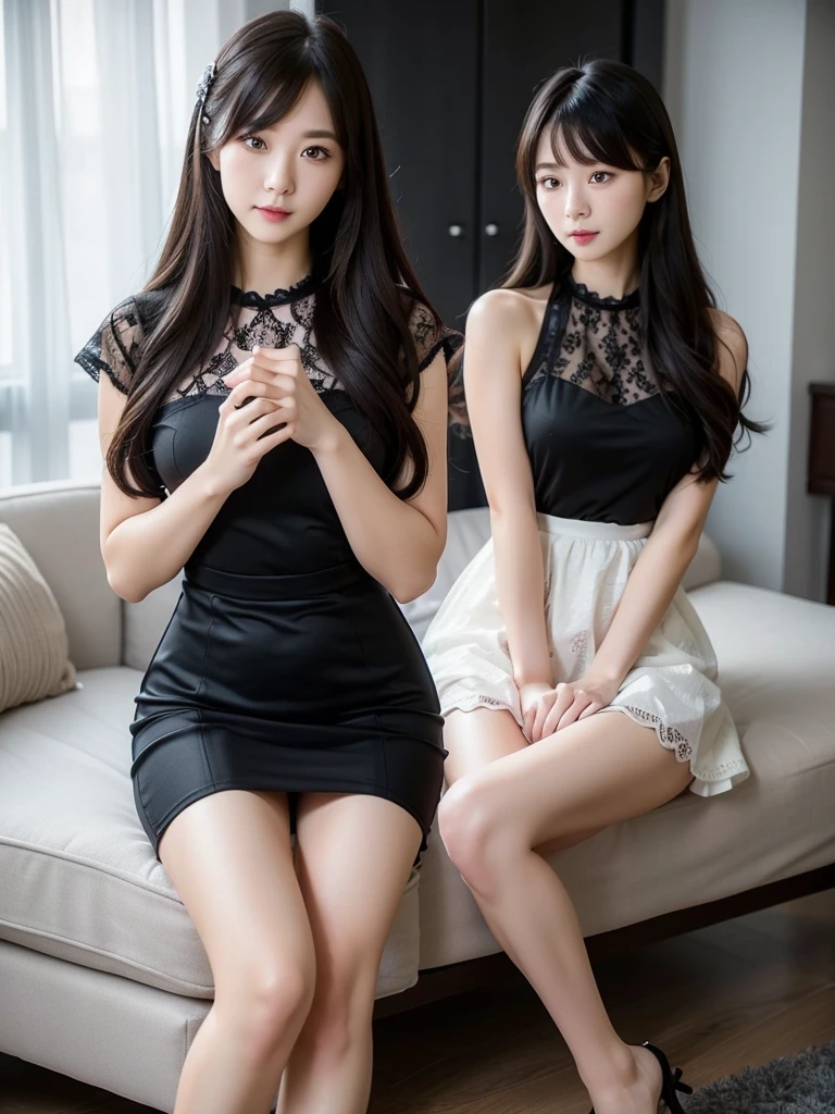 White Room、Black lace dress 、(Highest quality)), (Very detailed), ((Very detailed)), 4K, (8k), Highest quality, One person,Kind Face、Soft Light、RAW quality、Heel、sit、Vase with haze