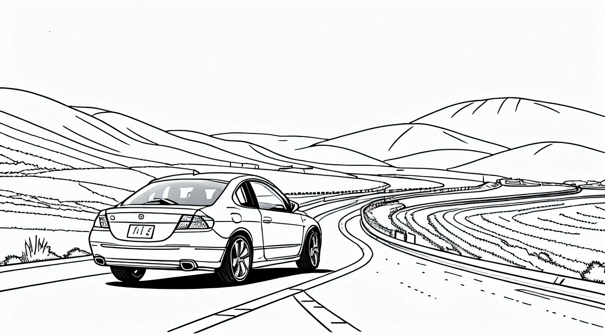 Colouring book page, beautifully drawn, black and white, car racing in the mountains and on the coast, standing alone on land, simple line, illustration, ink drawing, thick outlines very visible, clean lines, dashed drawing, clipart. A car is moving along the road, another car is catching up with it from behind. The sea and mountains are in the background.