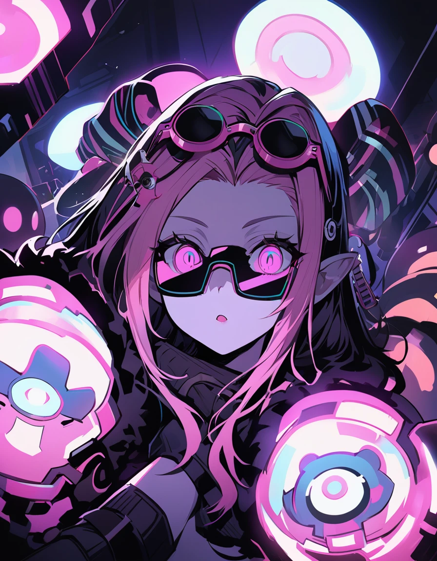 (dark biopunk art), (tentacle biopunk atmosphere), (biopunk girl), pale skin, pale tentacle hair, long hair, open forehead, pale pink eyes, squared sunglasses, (dark lighting), many shadows, cold lights, biopunk