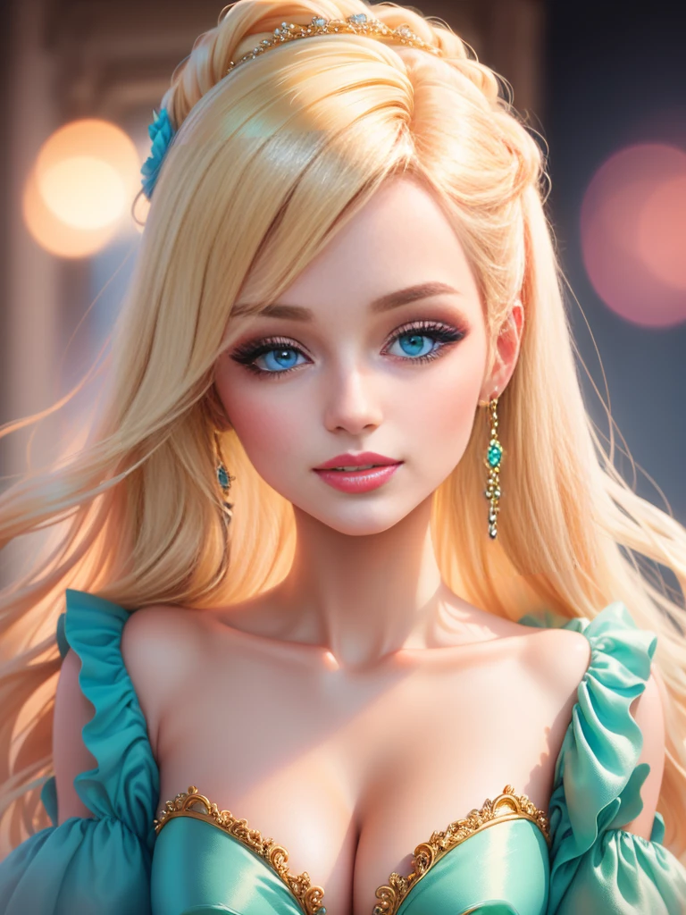 Bright and glamorous portrait of a Barbie doll with impeccable details., capture her elegance and charm in high definition computer graphics.. Radiant and flawless, the doll has a stylish outfit, stunning blue eyes, and perfectly styled (blonde hair:1.2). Soft lighting enhances its beauty., and a slight shine adds a touch of magic. On a dreamy background, filled with pastel colors and delicate colors., The composition creates a whimsical and enchanting atmosphere.