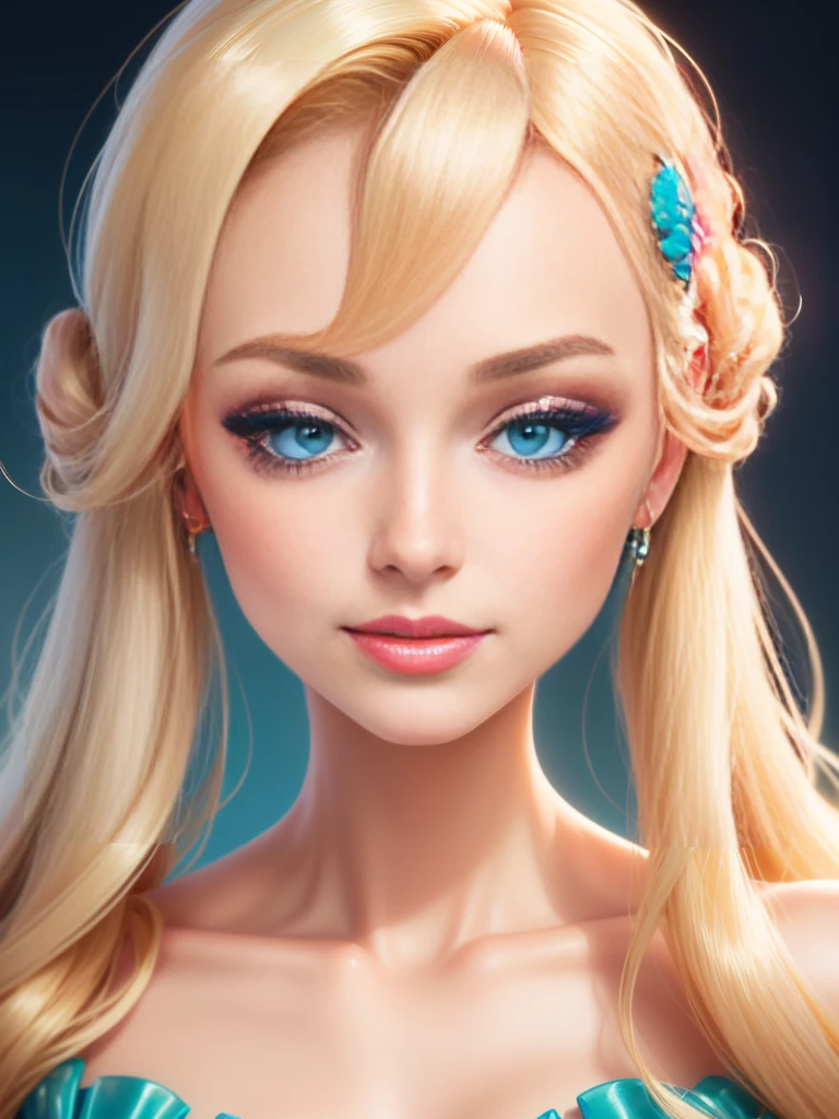 Bright and glamorous portrait of a Barbie doll with impeccable details., capture her elegance and charm in high definition computer graphics.. Radiant and flawless, the doll has a stylish outfit, stunning blue eyes, and perfectly styled (blonde hair:1.2). Soft lighting enhances its beauty., and a slight shine adds a touch of magic. On a dreamy background, filled with pastel colors and delicate colors., The composition creates a whimsical and enchanting atmosphere.