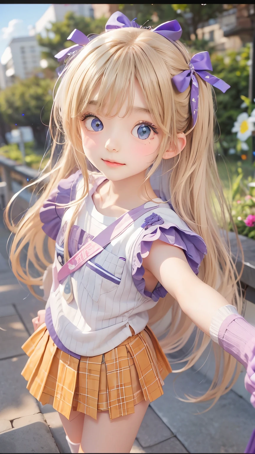 cute face, masterpiece, Highest quality, One girl, alone, , Quarter Japanese, Blonde Hair, Long Hair, Purple eyes, Side-parted bangs, Short bangs, Medium chest, Play sports often, Bloomers, Outdoor, Athletics, Conceit