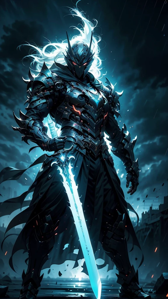 A fierce warrior in full white armor, wearing a large black circle symbol on his chest, wielding a big sword, dynamic battle-ready pose, highly detailed armor textures, sharp sword, dramatic stormy sky background, vivid colors, masterpiece, 8k, photorealistic, chiaroscuro lighting, strong contrast, cinematic composition