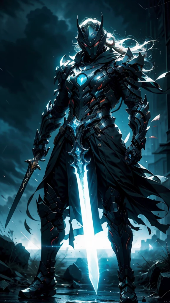 A fierce warrior in full white armor, wearing a large black circle symbol on his chest, wielding a big sword, dynamic battle-ready pose, highly detailed armor textures, sharp sword, dramatic stormy sky background, vivid colors, masterpiece, 8k, photorealistic, chiaroscuro lighting, strong contrast, cinematic composition