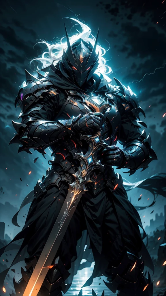 A fierce warrior in full white armor, wearing a large black circle symbol on his chest, wielding a big sword, dynamic battle-ready pose, highly detailed armor textures, sharp sword, dramatic stormy sky background, vivid colors, masterpiece, 8k, photorealistic, chiaroscuro lighting, strong contrast, cinematic composition