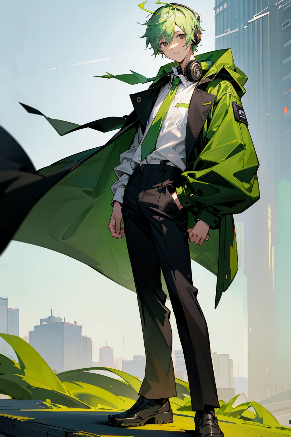 1male, light green hair, black eyes, headphones on head, expressionless, baggy brown jackets, white shirt, black pants, city background, detailed background, hands to side, standing on path