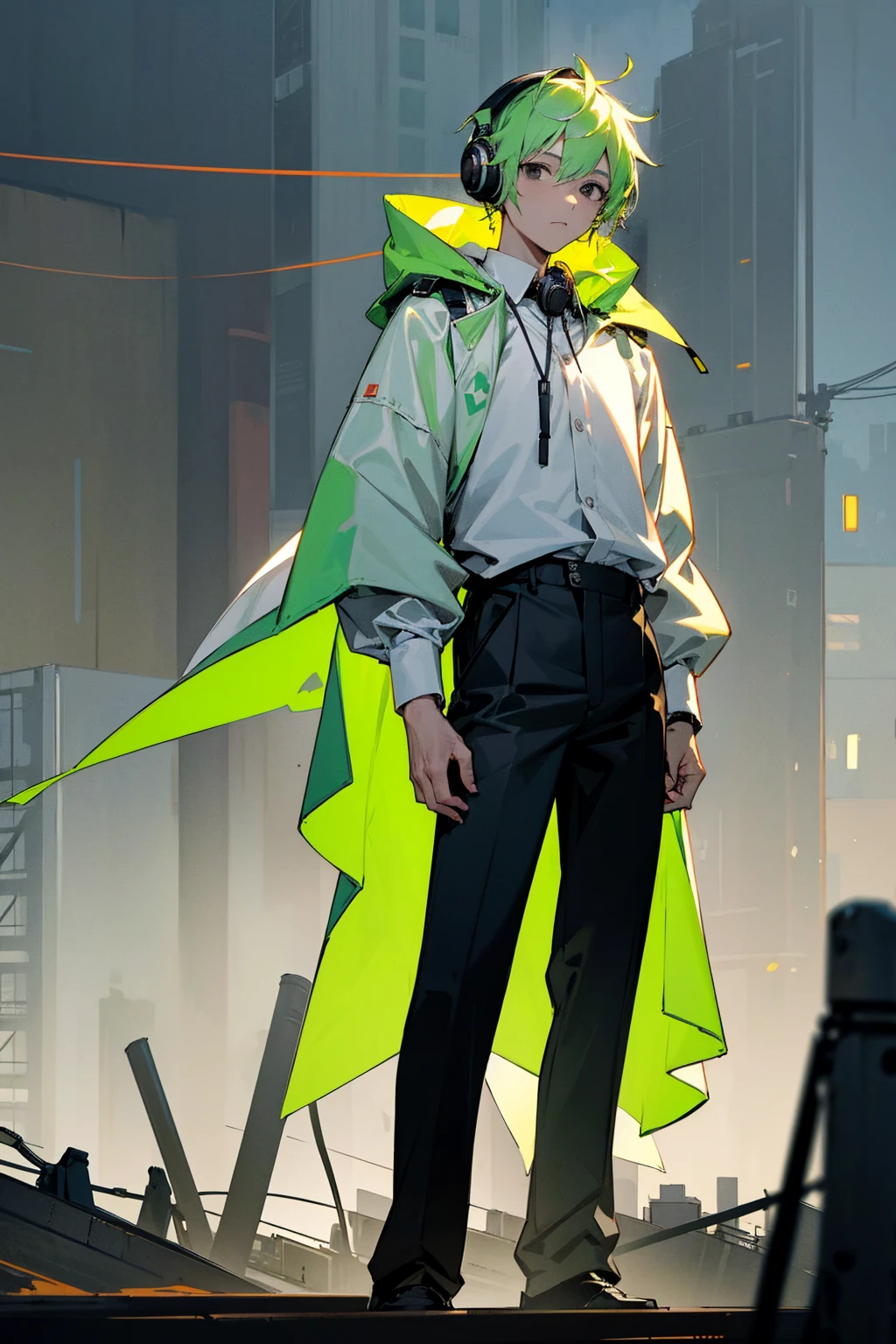 1male, light green hair, black eyes, headphones on head, expressionless, baggy brown jackets, white shirt, black pants, city background, detailed background, hands to side, standing on path