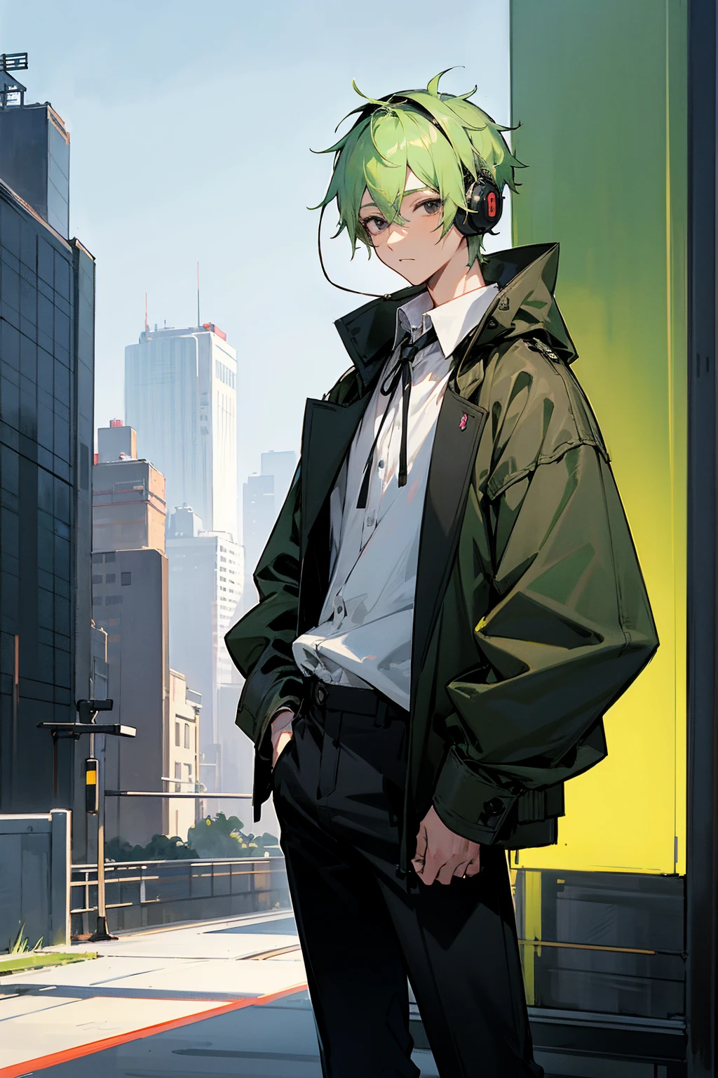 1male, light green hair, black eyes, headphones on head, expressionless, baggy brown jackets, white shirt, black pants, city background, detailed background, hands to side, standing on path