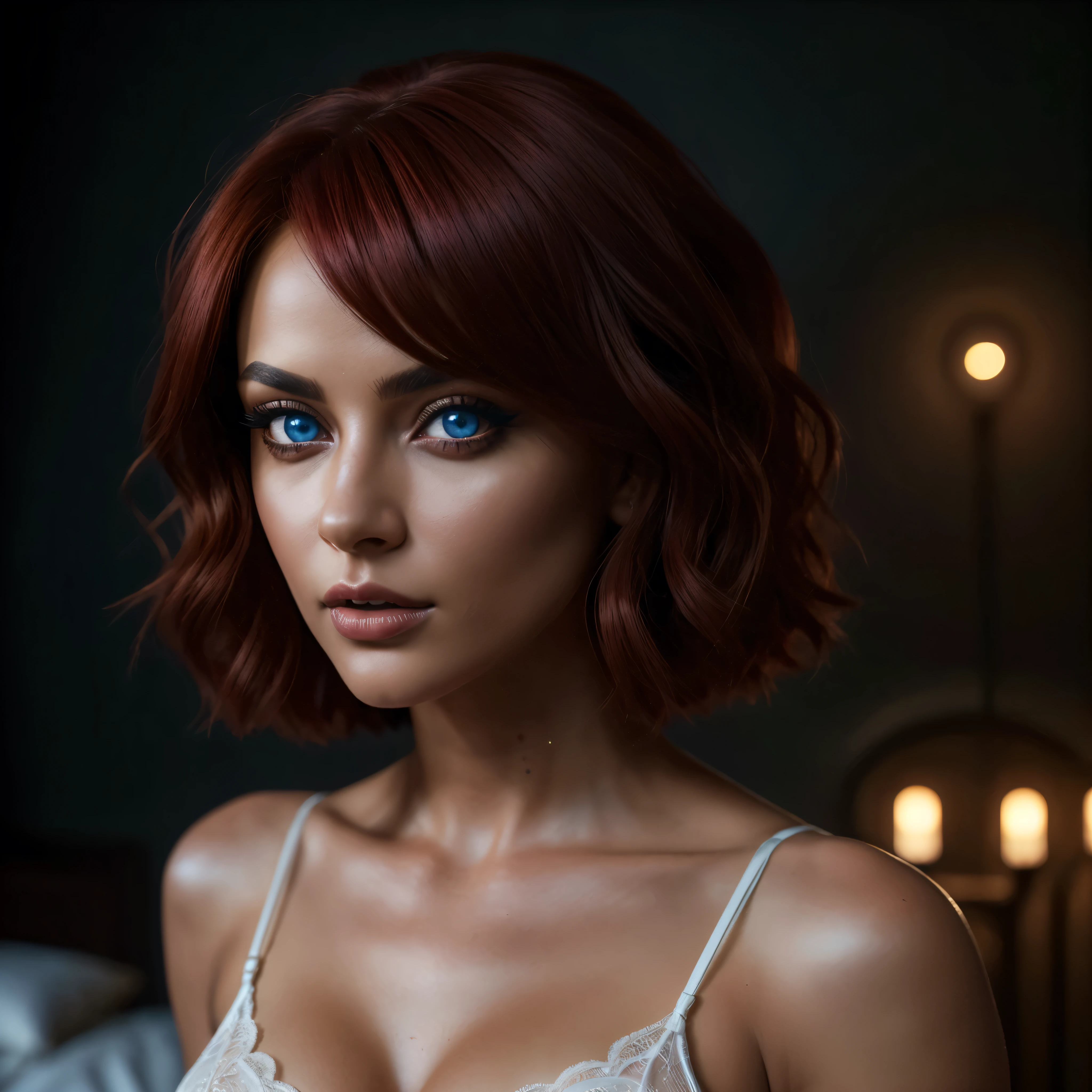 a very beautiful woman with dark skin, red hair in a bob hairstyle, expressive blue eyes, (( beautiful eyes)), juicy body, perfect body, (( whole body)), wearing white lace lingerie, in a bedroom setting with a sexy and erotic atmosphere,(best quality,4k,8k,highres,masterpiece:1.2),ultra-detailed,(realistic,photorealistic,photo-realistic:1.37),portrait,glamorous,dramatic lighting,cinematic,chiaroscuro HDMI, HDRI, UDHD,(( Scatter effect)), (( volume effect 1.1)), (( Depth of field 1.1)), (( fisheye lens)).(perfect details: 1.1), (beautiful and clear background: 1.2), ( extremely detailed CG, ultra detailed, best shadow: 1.1), (((finely detailed beautiful eyes))), (full length 1.1)