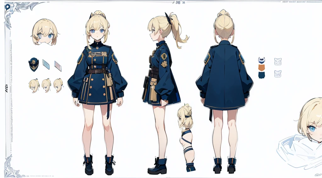 (masterpiece, best quality) police girl ,blonde hair ponytail,blue eye,((character design sheet, same character, full body, 3views, front, side, back))