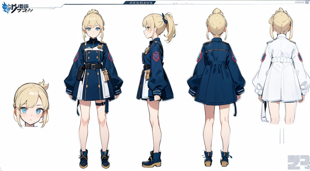(masterpiece, best quality) police girl ,blonde hair ponytail,blue eye,((character design sheet, same character, full body, 3views, front, side, back))