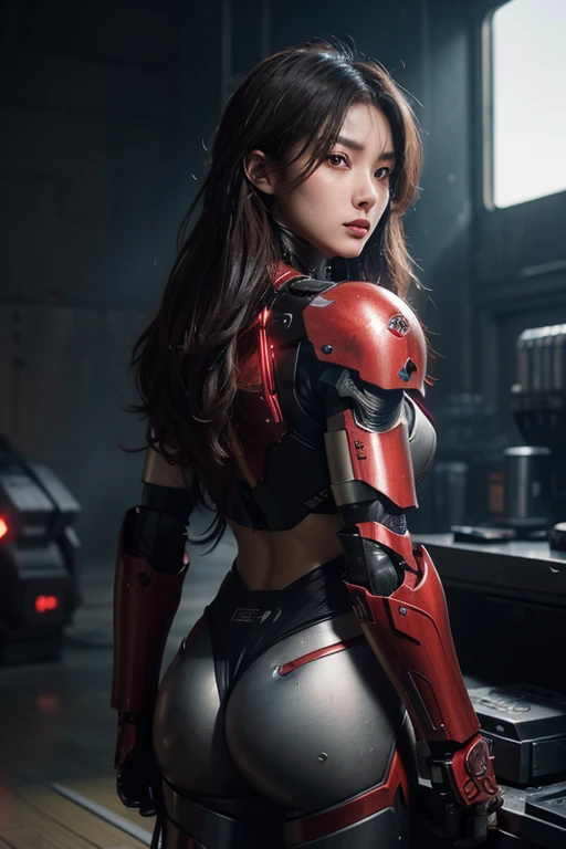 High resolution、8k、Digital Cyberpunk Art、Brown medium-long hair、Shiny Mechanical Armor、(Wears red mechanical armor with white LED lights)、Laser beam on the back、machine gun on left arm、(Enter the battlefield)、Cyborg Japanese Woman、Medium chest