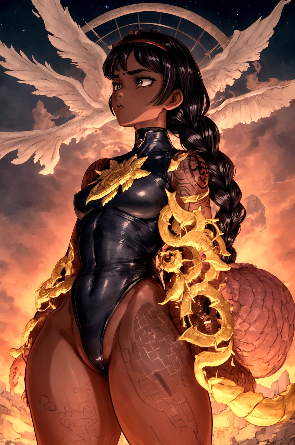 connie maheswaran age 25, ( extremely detailed CG, Mahagony-skinned female with dark Reddish-brown skin, black eyes, and phoenix back tattoo, wearing a full-body open back leotard, mini shorts with stars on the back pockets and a baret holding her black hair tight dragonbraid. strong , well-built, Perfect hourglass physique, amazing skin, strong oblong-shaped face, narrow convex hooked nose. strong, toned, wide heart hips,, biting lips enticingly, catching your eye, waving you closer to her). +( overlooking a coastal city with hands in her pockets,looking over her shoulder ,playful bottom hit) :+(view from behind, hd illustration, extreme long shot, rendered in Unreal Engine 5, hyper-realistic, , 128k, ultra - HD, intricate detail, super - res, webcomic animation, ink art, full-length portrait, wide-body shot, alluring aura and stare , ink art,Black ink,tattoo design outline, Lineart, brush art ,thin line animation, ultra-HD masterpiece, highest quality, highly detailed facial expressions,realistic expression, perfect piece, perfect prompt ,full length, best quality, intricately accurate facial and physical structure, intricately realistic expression and emotion, accurate colored complexion, accurate body anatomy, intricate bodypaint, complex hairstyles, intricate character detail, intricately expressive, intricate color design, complex emotions,) 