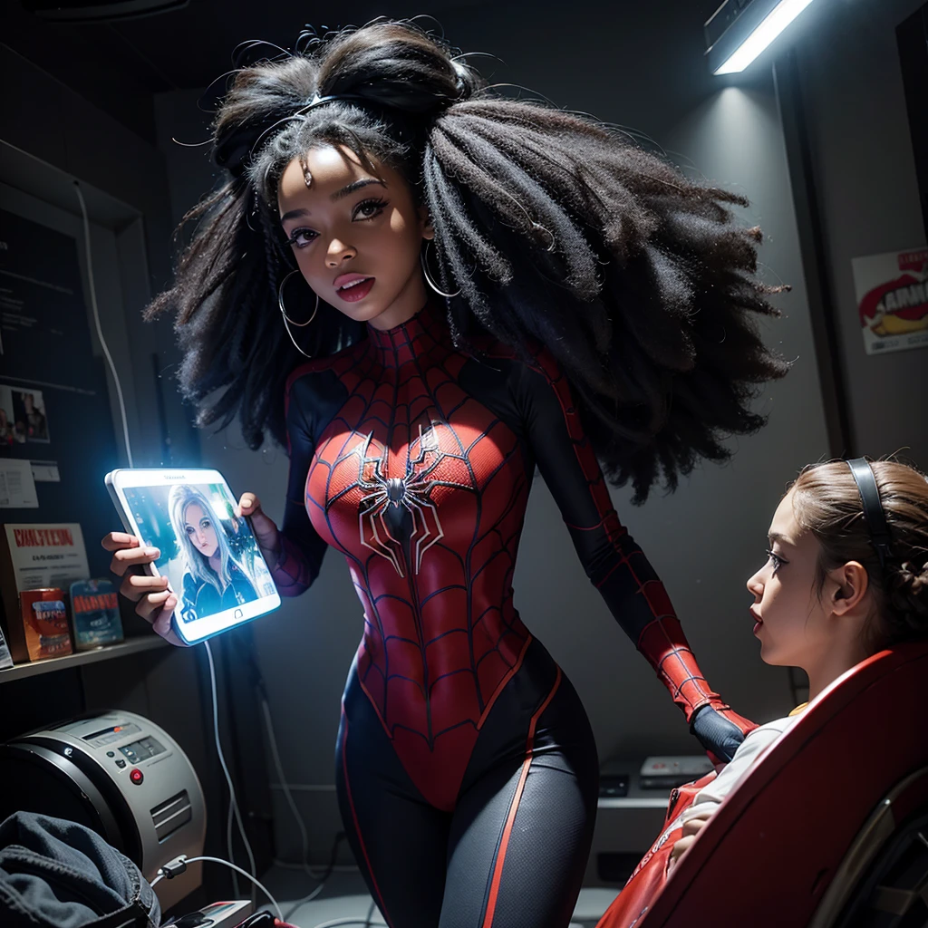 Make me a picture in the Marvel Spidersona comic panel style: afro-americana de cabelo afro+preto+olhos castanhos+em casa+jogando videogame+a noite+roupa de dormi+usando fones de ouvido+luz da TV+concentrada enquanto coloca a lingua pra fora