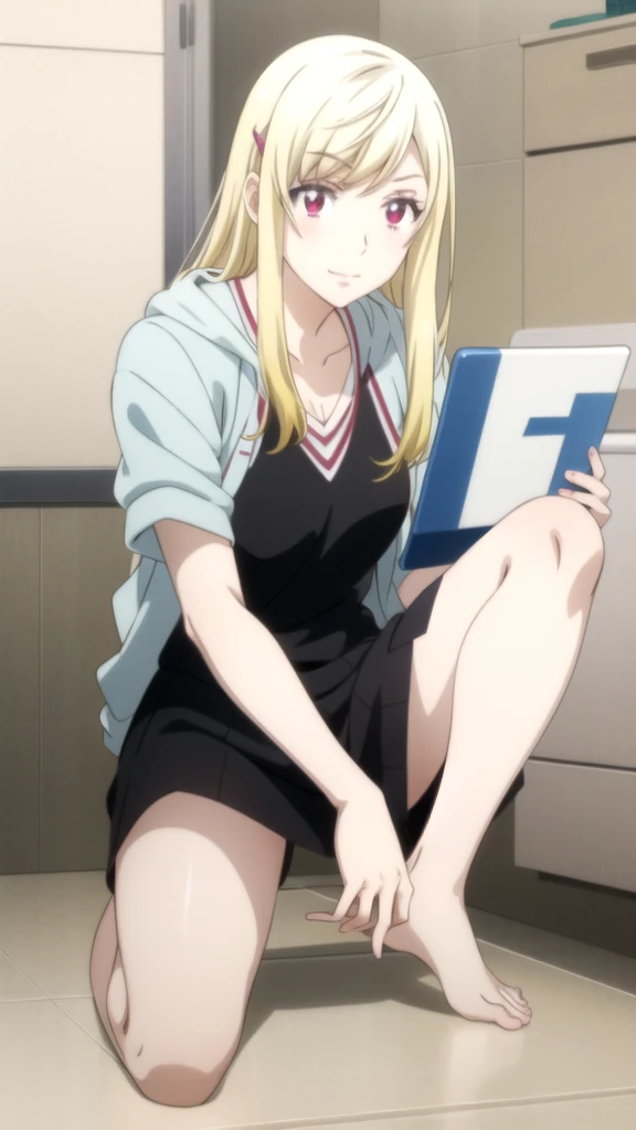 anime girl sitting on a bathroom with her laptop on her lap, colegiala realista, a Hyper realistic , hermosa chica de secundaria anime, Hyper realistic , hermosa chica anime en cuclillas, the anime girl is crouching, una chica anime, joven chica anime, chica anime seductora, (SFW) seguro para el trabajo, cyber school girl, chica anime atractiva   (Fondo blanco, fondo liso, fondo sencillo:1.3),
 yamada_amarillo, 1 chica, pelo rubio, solo, pelo largo, adorno para el pelo, , sonrisa, arco, red eyes my dress darling anime, hermosa seductora anime adolescente, visual anime de una linda chica fan art, barbie anime en medias blancas, atuendo revelador, ,