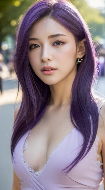 ((Top Quality, 8k, Masterpiece: 1.3)), Sharp Focus: 1.2, Perfect Body: 1.4, ((Purple Hair, Small Breasts: 1.2)), (Natural Soft Light, Park: 1.1), Height Detailed face and skin texture, detailed eyes, double eyelids, upper body, emphasis on chest, on the street, busy street (((dynamicposes)))