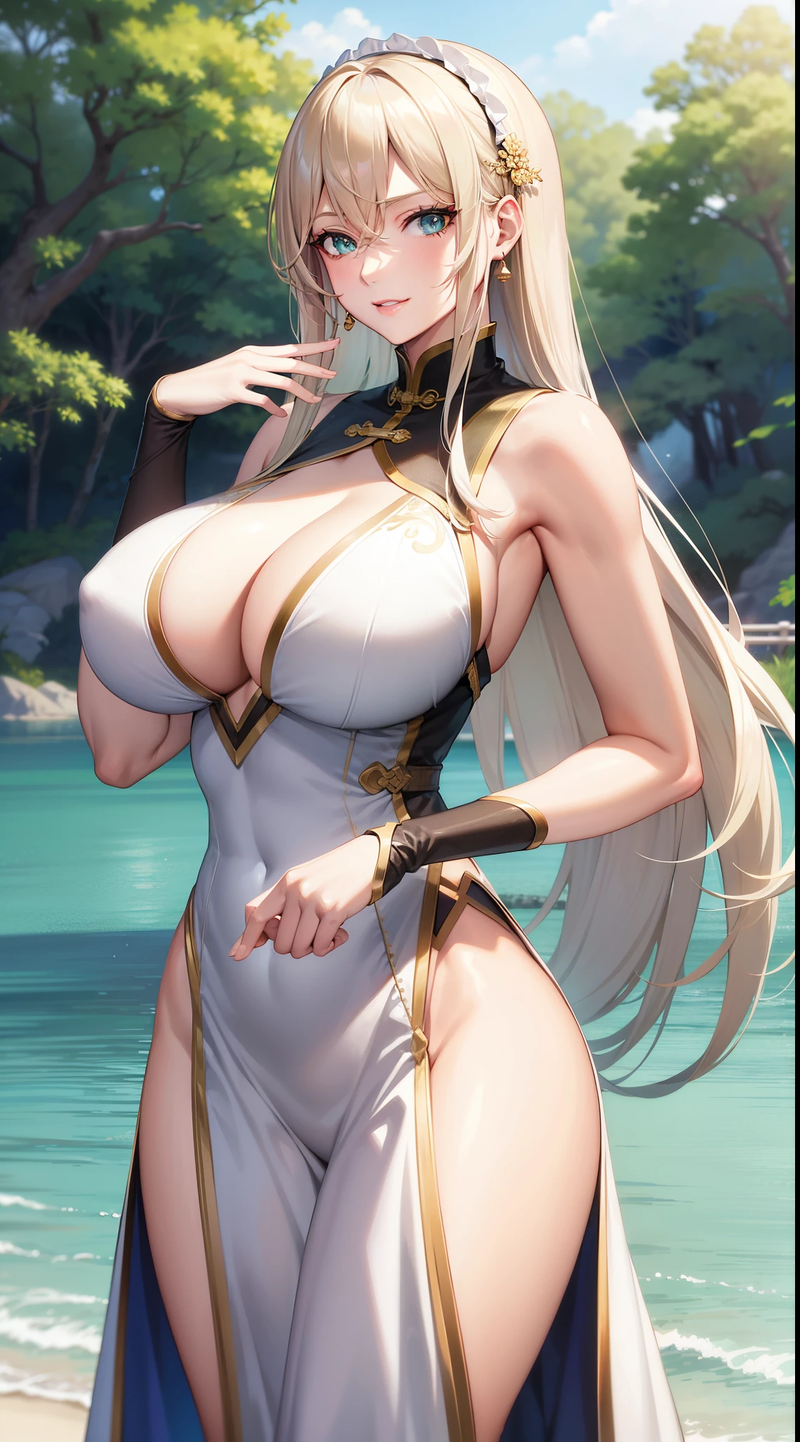 (Art: 1.2), (best quality: 1.2) 1 woman, , tall (1.85), She appeared to be around 30 years old, had long golden hair, straight and shiny hair, emerald green eyes, extremely detailed, perfect eyes , extremely realistic eyes, well-aligned eyes, long eyelashes, anime style, perfect face, milf f full lips, smiling, mature, clin, natural body, sexy body, MILF y, hands onst, perfect hands, detailed hands, hands well proportioned to the body, realistic hands, arms with good anatomy, she was only wearing an immaculate white Chinese oriental style dress, the dress still could not hide her extremely large and huge breasts that were hangi due to her size, thick thighs, wide hips , Looking at the viewer, background scenery, scenery at a Chinese viewpoint on the edge of a lake, in the background posing the setting sun, alone Looking at the viewer