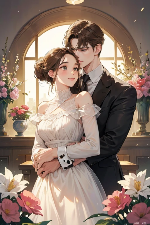 (table top, digital illustration, like the photo、4k, 8k, Super detailed, beautiful images, clear image,  perfect face, perfect lines, perfect eyes, soft lighting) 1 female, (light brown hair,chignon hair,innocent look,droopy eyebrows,droopy eyes、With a round face,round chin、innocence,cute,Big eyes,natural makeup,smile gently,E cup,23 years old:1.3),Two handsome men in suits, (human,man in suit,muscular、solid shoulder width,  boyish hairstyle,A man in his 30s with a cool expression,28 year old man with a bright smile:1.2),garden full of light、lots of flowers、colorful flower light,(embarrassing,shy smile:1.2),kiss、Couple kiss、romance porn、couple of man and woman hugging each other、flower shop