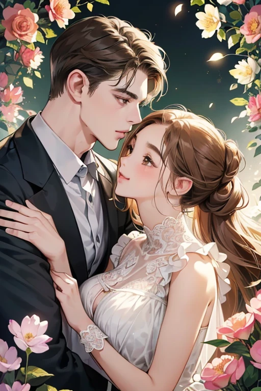(table top, digital illustration, like the photo、4k, 8k, Super detailed, beautiful images, clear image, perfect face, perfect lines, perfect eyes, soft lighting) 1 female, (light brown hair,chignon hair,innocent look,droopy eyebrows,droopy eyes、With a round face,round chin、innocence,cute,Big eyes,natural makeup,smile gently,E cup,23 years old:1.3),Two handsome men in suits, (human,man in suit,muscular、solid shoulder width, boyish hairstyle,A man in his 30s with a cool expression,28 year old man with a bright smile:1.2),garden full of light、lots of flowers、colorful flower light,(embarrassing,shy smile:1.2),kiss、Couple kiss、romance 、couple of man and woman hugging each other、flower shop