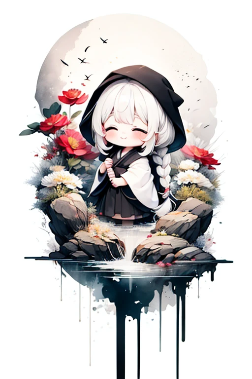 solo,1female\(chibi,cute,kawaii,age of 10,hair color white,braid hair,messy hair,eye color dark,eyes closed smile,white skin,big smile,enjoy,full body,wearing Grim Reaper's black Robe,holding scythe and skull,skip,flower hair ornament,white hair\),background\(black sky,withered flowers all over the ground,a thick red water\), BREAK ,quality\(8k,wallpaper of extremely detailed CG unit, masterpiece,high resolution,top-quality,top-quality real texture skin,hyper realisitic,increase the resolution,RAW photos,best qualtiy,highly detailed,the wallpaper\)