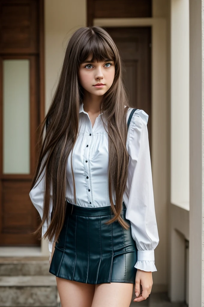 Girl about 18. green eyes. Long brown hair with bangs. Hair partially dyed blue. a white blouse. black corset. Black skirt. Dark blue knee-high boots. round face 