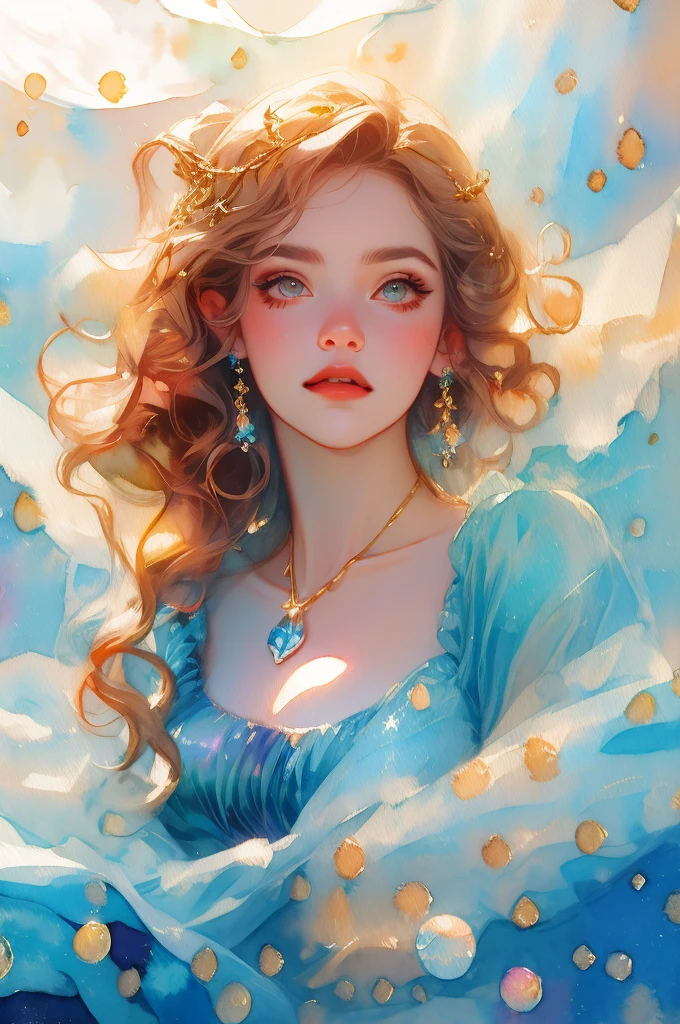 little mermaid), (best details), (best quality),(((watercolor ))),Watercolor background,galaxy,flying blue fabric,Golden necklace, flash, particle, wind, Golden bubbles, hair accessories, colorful hair, alone, jewelry, Starry Sky, Sky, Star, Milky Way, There was a young girl,little mermaid