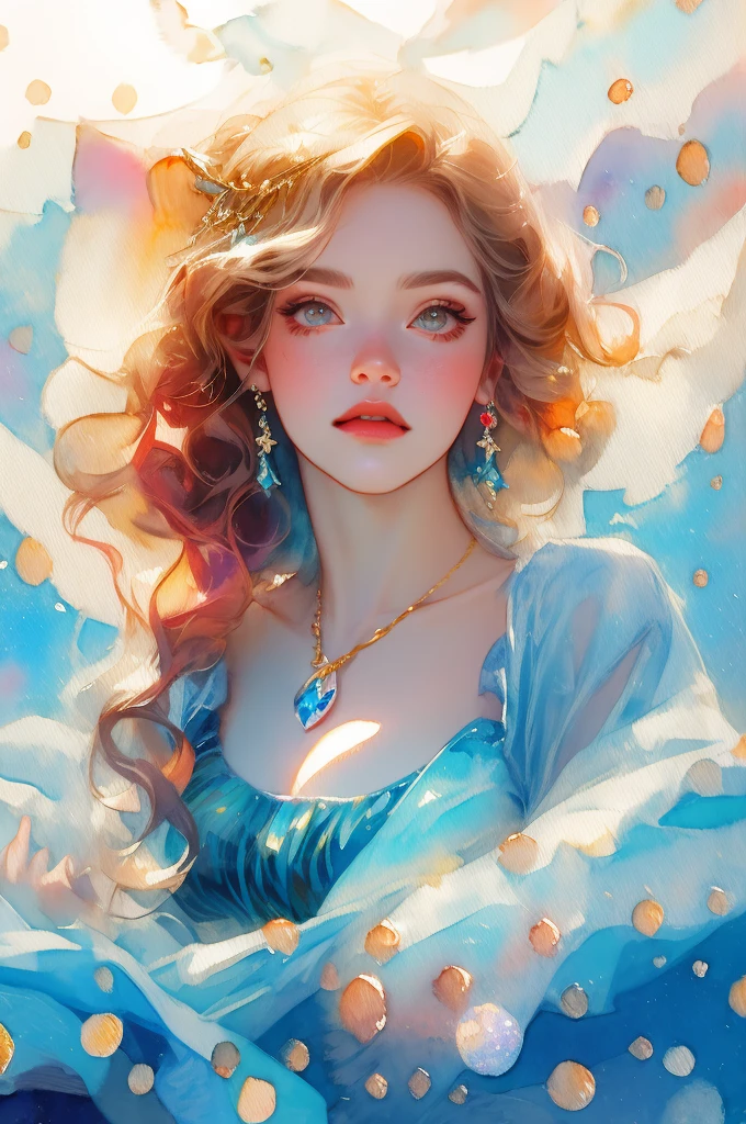 little mermaid), (best details), (best quality),(((watercolor ))),Watercolor background,galaxy,flying blue fabric,Golden necklace, flash, particle, wind, Golden bubbles, hair accessories, colorful hair, alone, jewelry, Starry Sky, Sky, Star, Milky Way, There was a young girl,little mermaid