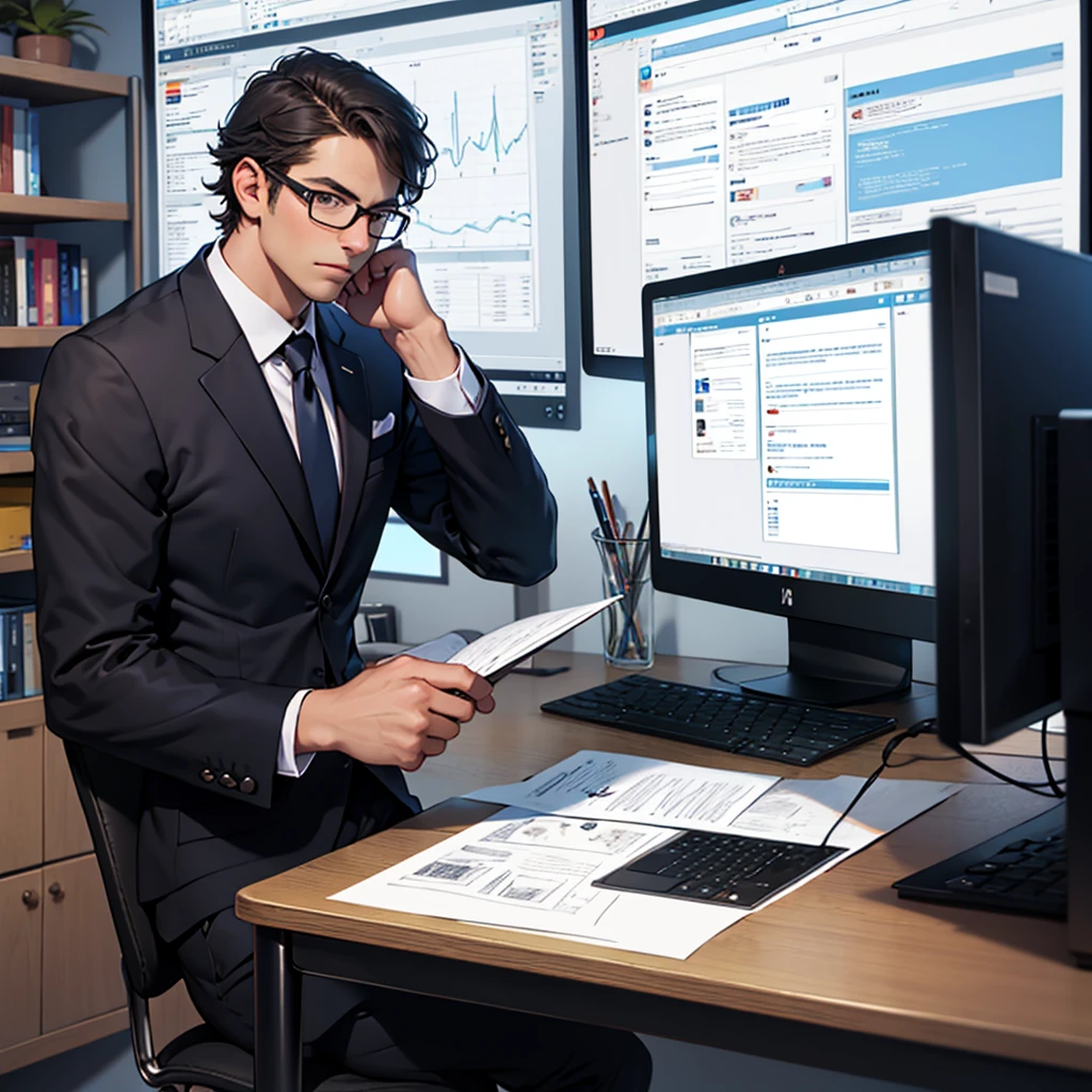 Entrepreneur looking at his computer screen, Wearing a suit, A glasses-style drawing that looks like about 45 years