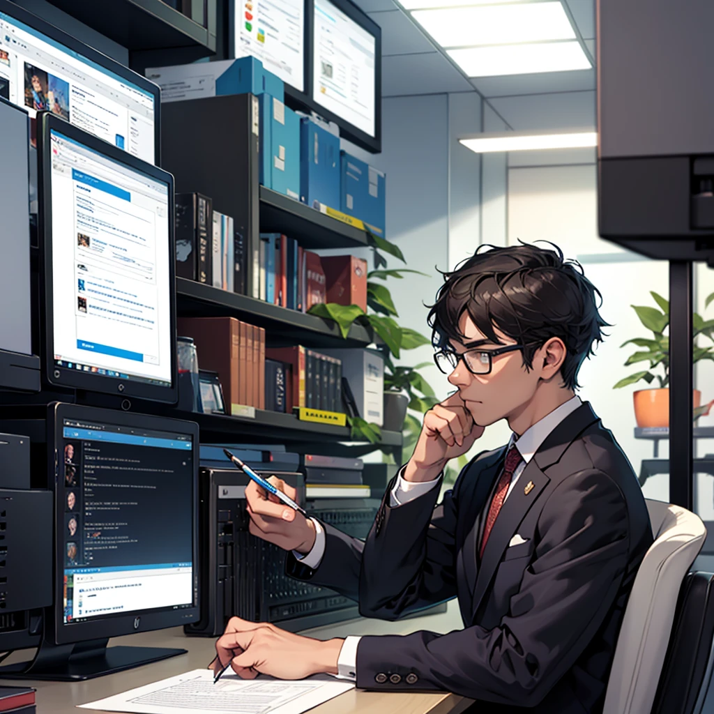 Entrepreneur looking at his computer screen, Wearing a suit, A glasses-style drawing that looks like about 45 years
