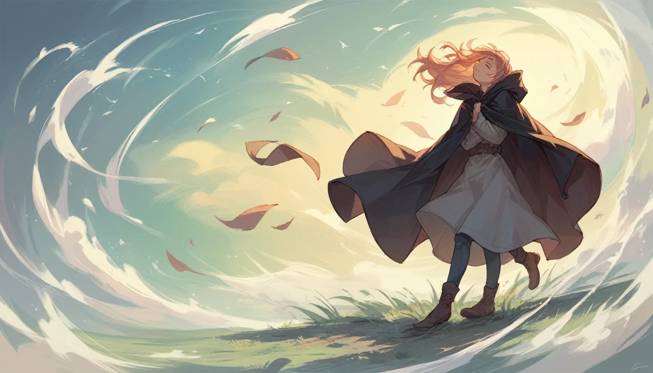 woman full length, dressed in cloak, the cloak flutters in the wind