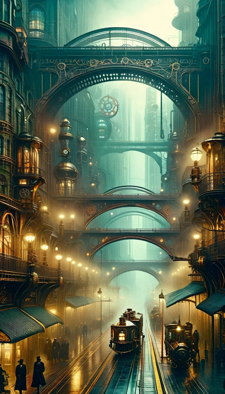 (steampunk:1.5), futuristic city street landscape, intricate bridges, mysterious fog, art inspired by Bill Sienkiewicz, advanced technology, gears, steam punk architecture, cityscape, cinematic, dramatic lighting, moody atmosphere, vibrant colors, highly detailed, photorealistic, 8k