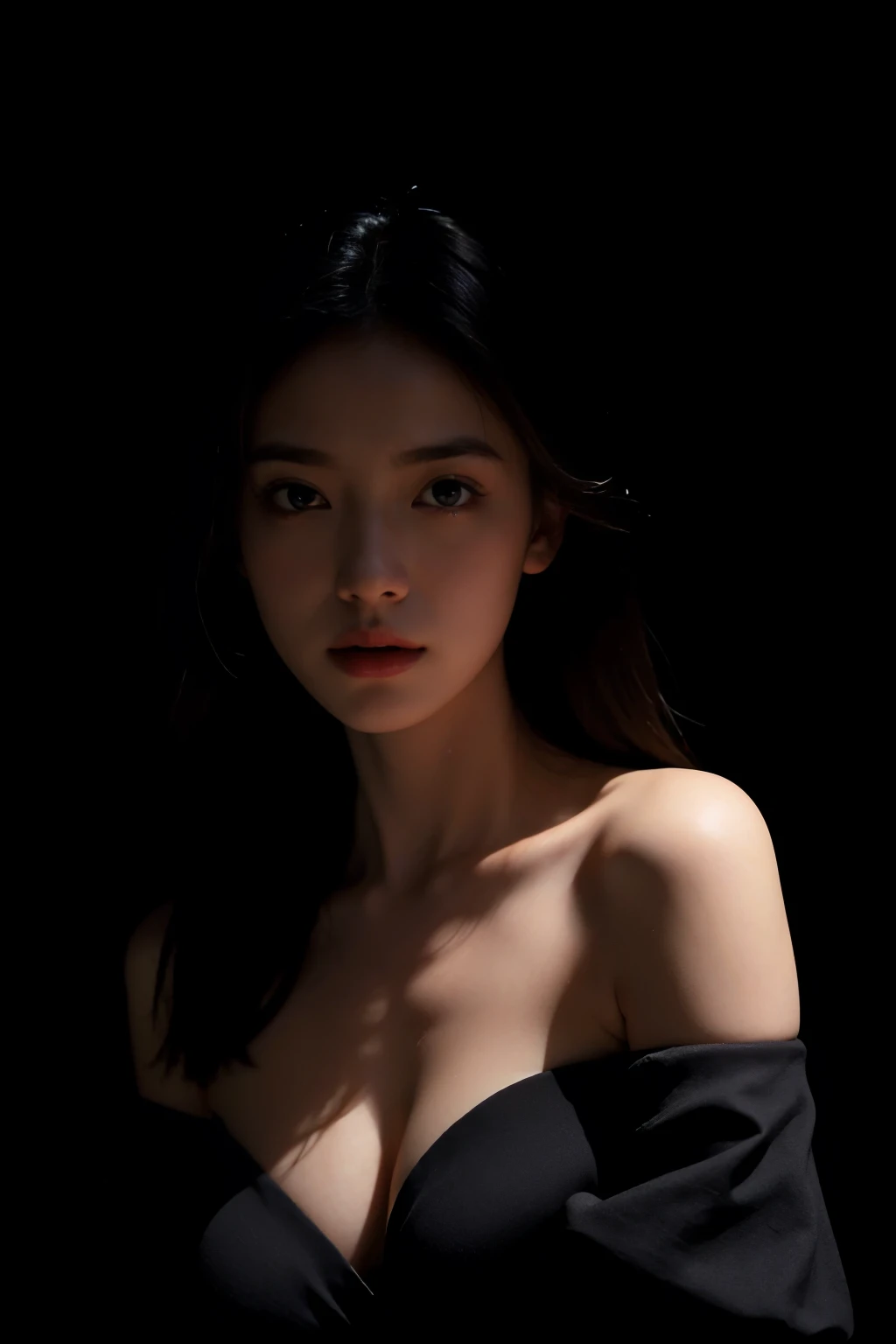 Best quality, masterpiece, ultra high res, (photorealistic:1.4), raw photo, 1girl, offshoulder, in the dark, deep shadow, low key, cold light,