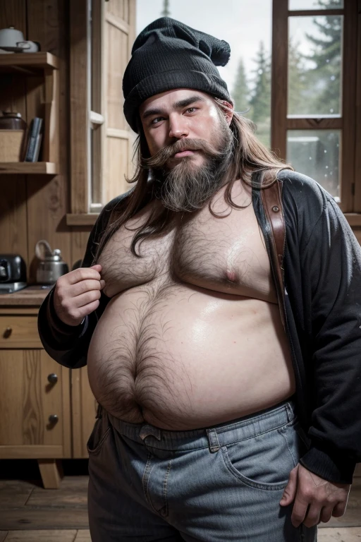 Create a visual representation of a dark gnome who is secretly a skilled craftsman of magical objects, highlighting his iconic white hat in a mysterious and dark scene, cor dos olhos escuras, fundo escuro, semblante alegre🧚(handsome mature man plump chubby morbid extremely thick thighs bulging belly fat), older man, gray hair, white man, wearing , hairy chest, hairy belly, bare overalls, gloves, , bulge, detailed glade on clothing, (fat and corpulent: 1.3), full beard very long, looking at the viewer, handsome man, detailed eyes, symmetrical face, mischievous smile, robust, mustache, longer hair, his body is lying sideways on the floor, front view.