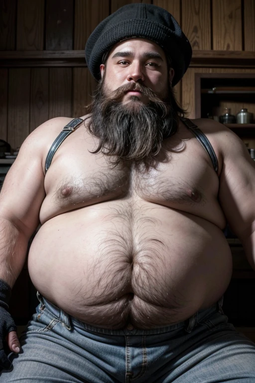 Create a visual representation of a dark gnome who is secretly a skilled craftsman of magical objects, highlighting his iconic white hat in a mysterious and dark scene, cor dos olhos escuras, fundo escuro, semblante alegreš§(handsome mature man plump chubby morbid extremely thick thighs bulging belly fat), older man, gray hair, white man, wearing , hairy chest, hairy belly, bare overalls, gloves, , bulge, detailed glade on clothing, (fat and corpulent: 1.3), full beard very long, looking at the viewer, handsome man, detailed eyes, symmetrical face, mischievous smile, robust, mustache, longer hair, his body is lying sideways on the floor, front view.