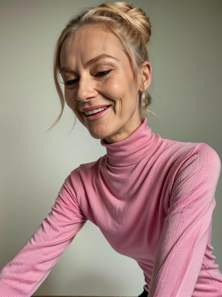 photo of a skinny very old wrinkly-faced faced mature blonde prostitute with fake eyelashes and plump-enhanced lips, messy long hair thrown into a messy bun ponytail. She wears: (turtleneck soft high ribbed baby pink super tight sweater:1.1), submissive seductive pose, high tight ribbed neck, seductive smile, perfect fake tits, horny eager granny, mouth wide open, tongue out, wrinkly face, old lady, wrinkly turkey neck