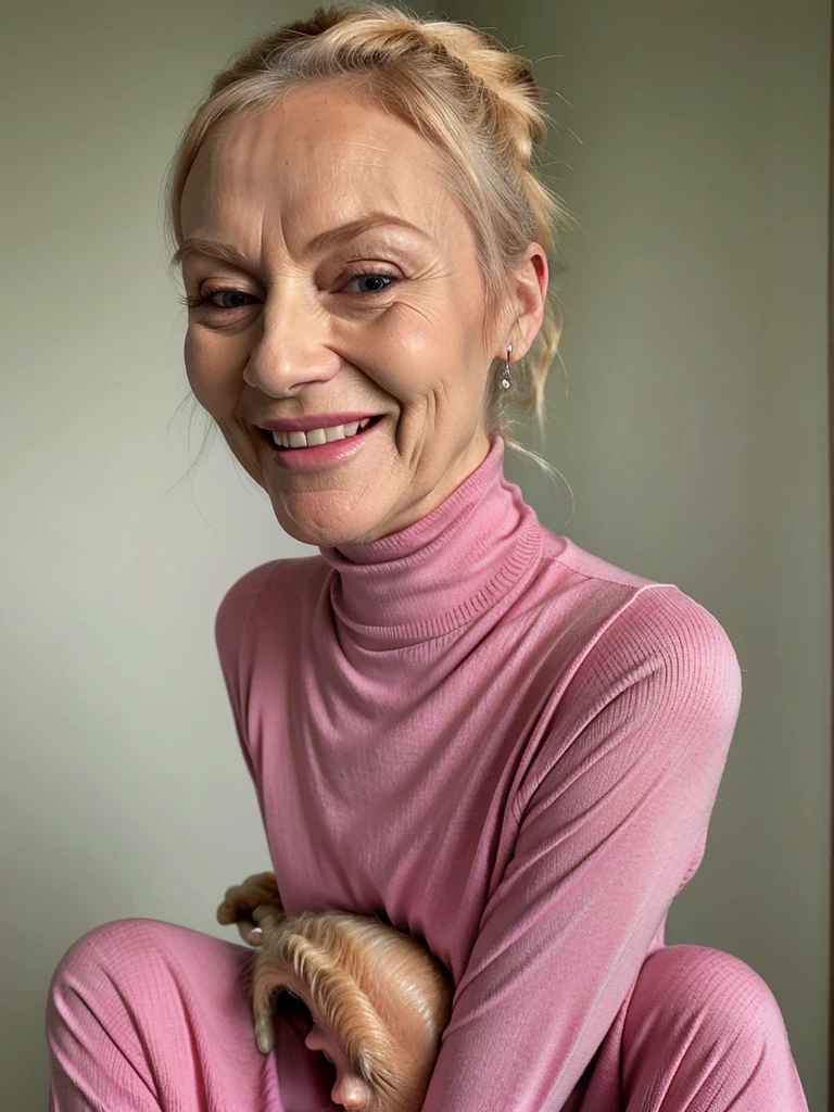 photo of a skinny very old wrinkly-faced faced mature blonde prostitute with fake eyelashes and plump-enhanced lips, messy long hair thrown into a messy bun ponytail. She wears: (turtleneck soft high ribbed baby pink super tight sweater:1.1), submissive seductive pose, high tight ribbed neck, seductive smile, perfect fake tits, horny eager granny, mouth wide open, tongue out, wrinkly face, old lady, wrinkly turkey neck