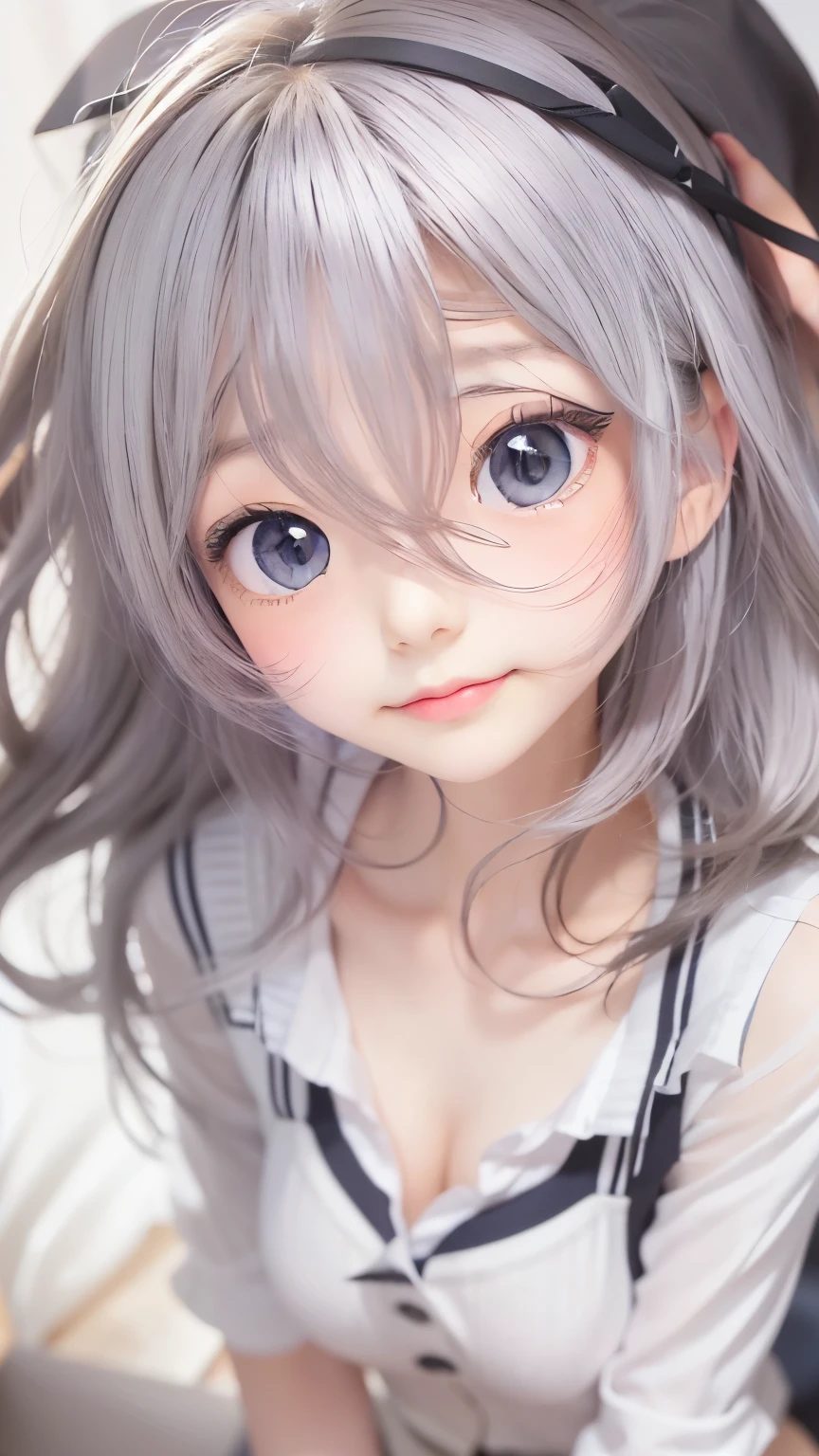 cute face,  ((masterpiece, Highest quality)), (One girl), (alone), (Focus on women), (Ahoge, Gray Hair, Very long hair), Golden Eyes, A light smile, Open your mouth, ((White shirt), (Buttoned shirt), (Button gap)), ((Black Skirt), (Short skirt)), Are standing, White Background, Put your arms behind your back, Dynamic Angle,