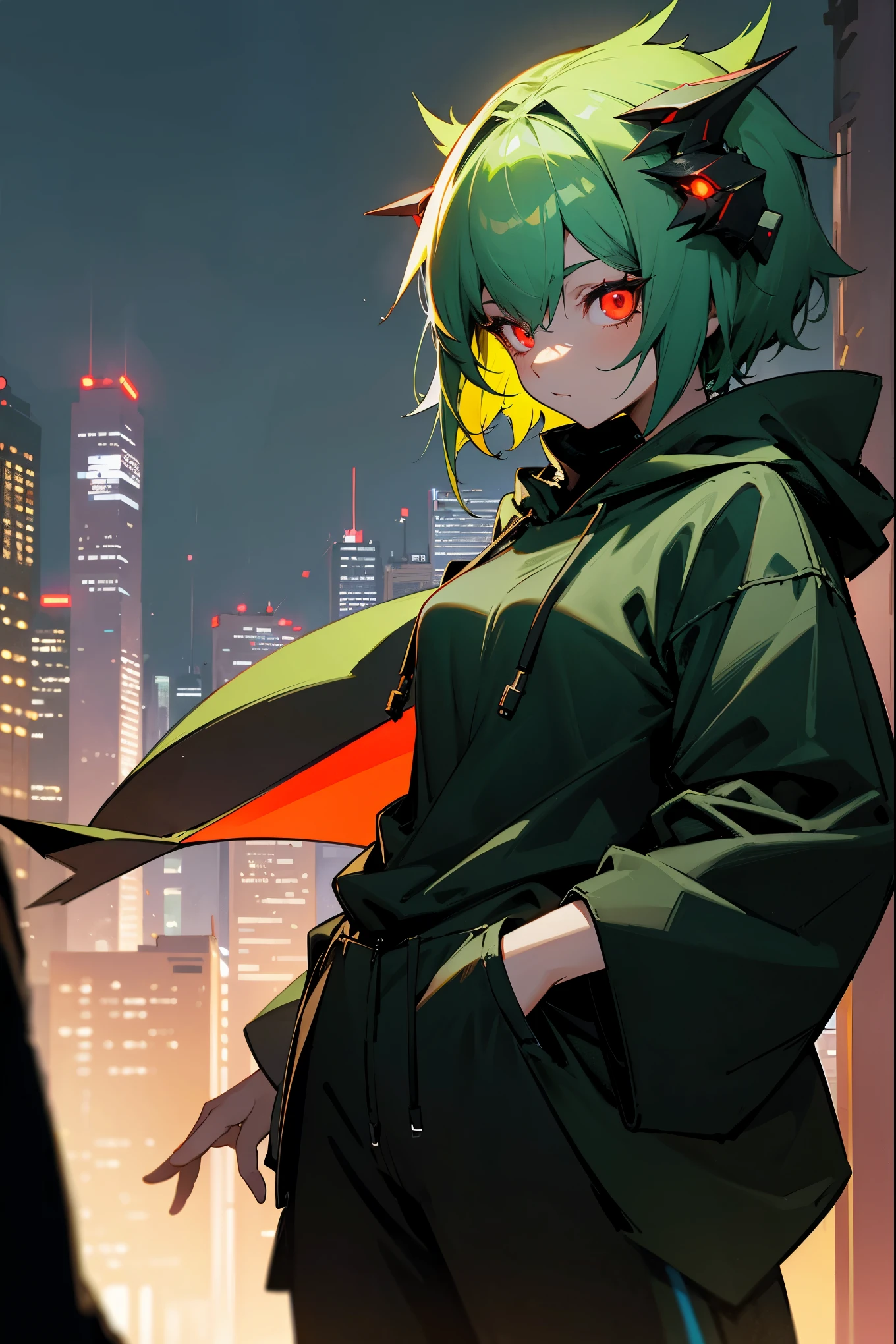 1female, short hair, green hair, black hoodie, hood on head, red eyes, baggy black pants, glowing eyes, city background, detailed background, hands to side, standing on path