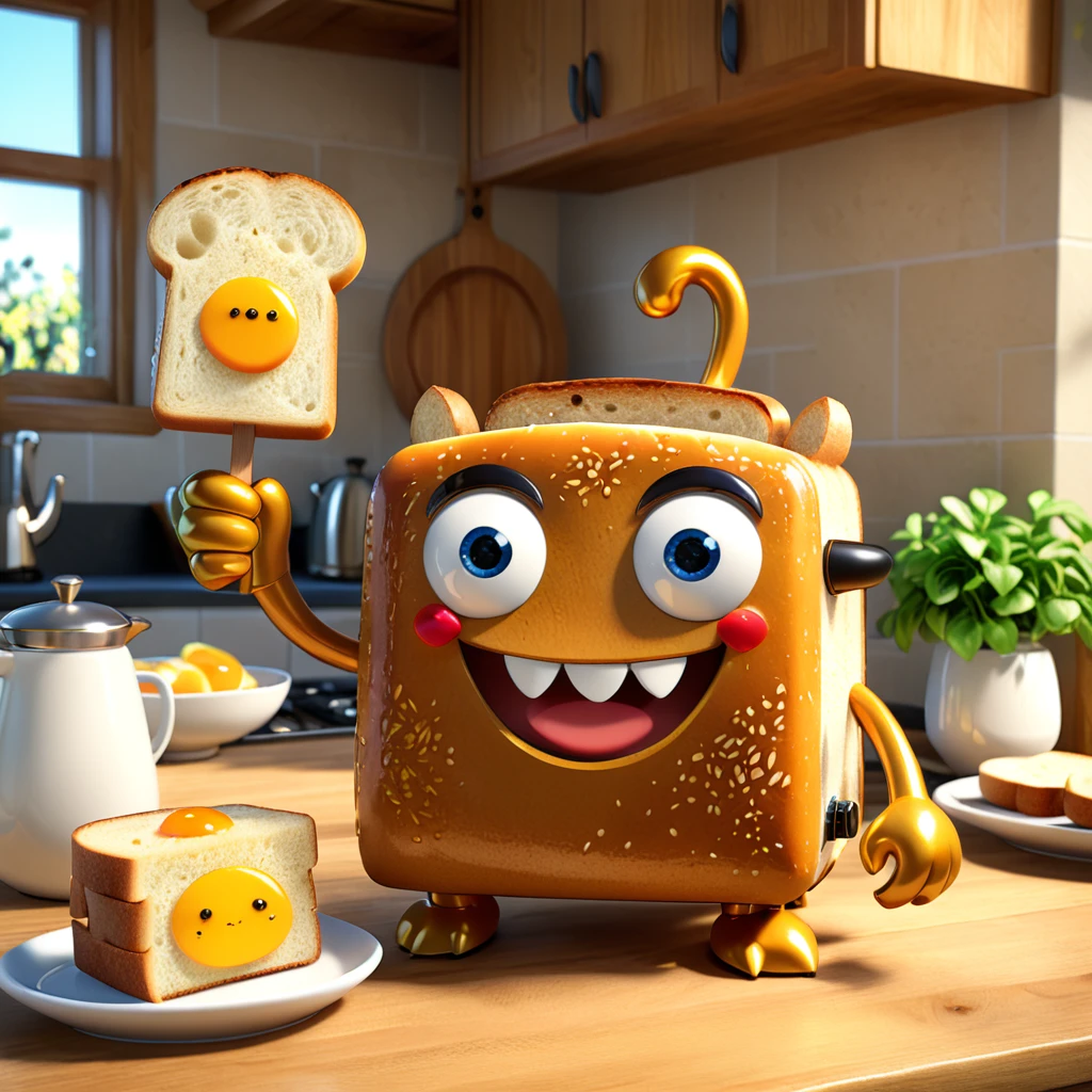 A cute toaster monster with a smiling face and happy eyes, toasting bread to a perfect golden brown with a cheerful ding. The character is designed in the style of Pixar animation, featuring a bright and playful design, making breakfast delightful. --ar 1:1 --v 6.0 --3D render