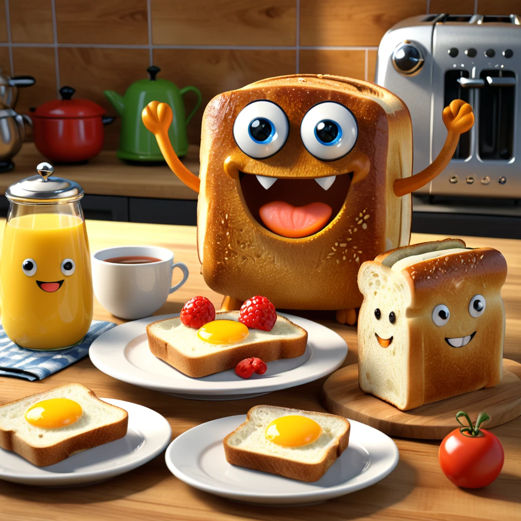 A cute toaster monster with a smiling face and happy eyes, toasting bread to a perfect golden brown with a cheerful ding. The character is designed in the style of Pixar animation, featuring a bright and playful design, making breakfast delightful. --ar 1:1 --v 6.0 --3D render