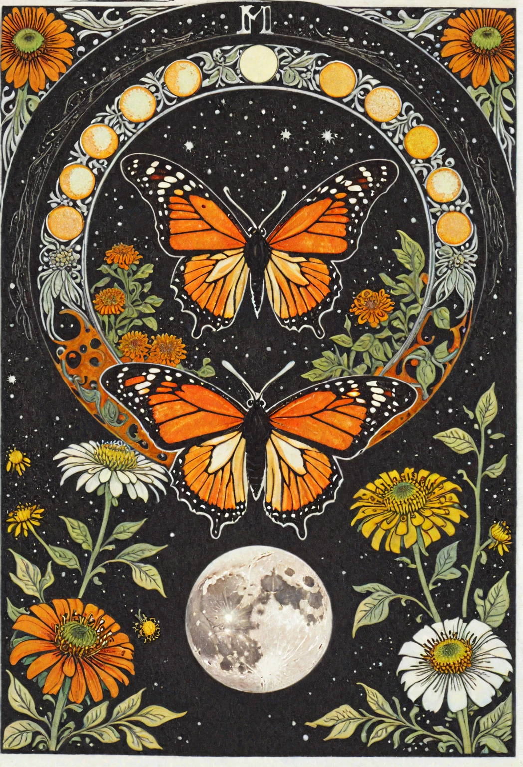 symmetric, balanced, monarch butterfly at the center of the moon surrounded by a frame of zinnia flowers, dark amber and gray colors, ephemeral patterns, witchcore aesthetics, cloisonnism, eleanor vere boyle, Ivan Bilibin Style page, lks73zb1, Inkdrawing, by Kr355e