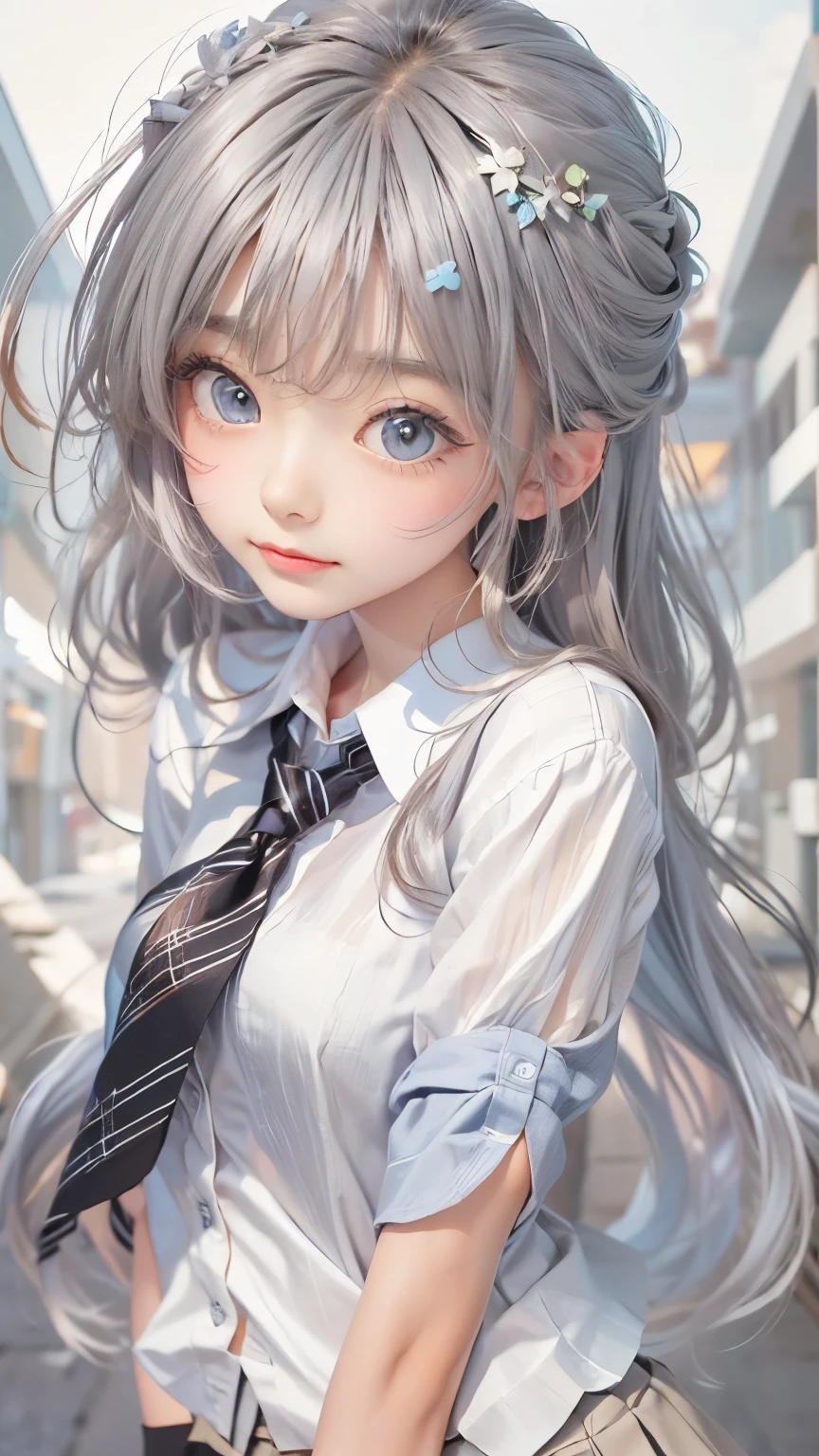 cute face,  ((masterpiece, Highest quality)), (One girl), (alone), (Focus on women), (Ahoge, Gray Hair, Very long hair), Golden Eyes, A light smile, Open your mouth, ((White shirt), (Buttoned shirt), (Button gap)), ((Black Skirt), (Short skirt)), Are standing, White Background, Put your arms behind your back, Dynamic Angle,