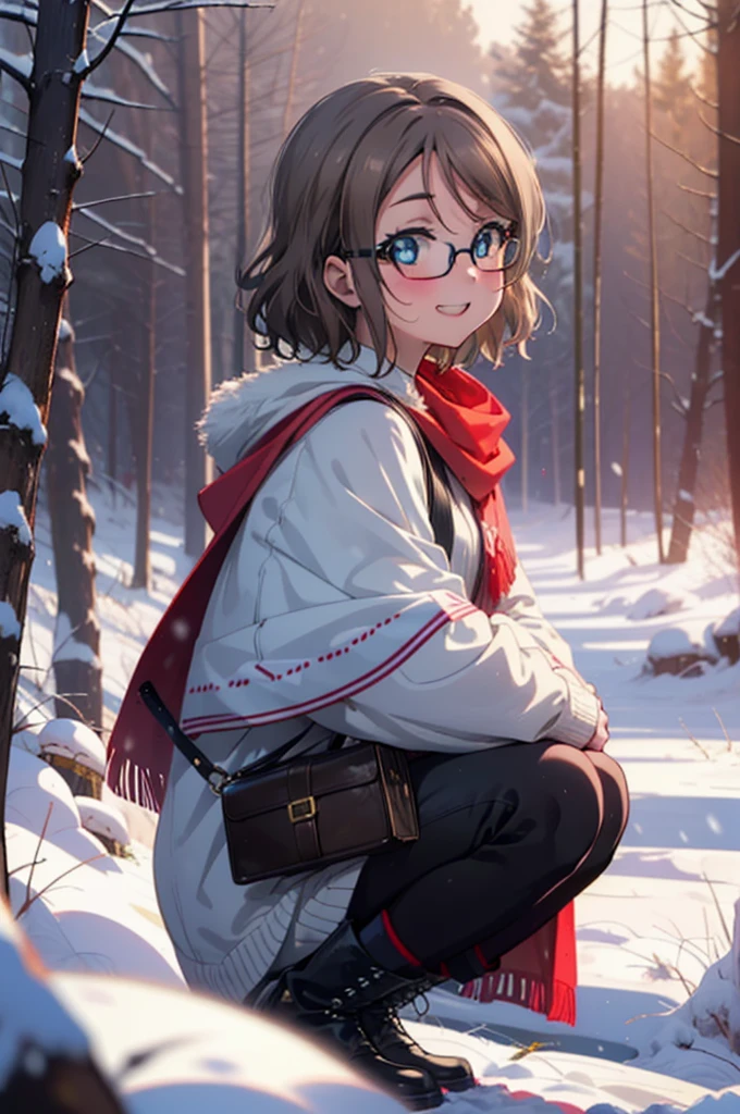Yo Watanabe, Yu Watanabe, short hair, blue eyes, Brown Hair, smile, Grin,Mid-chest,Black-rimmed glasses,
Open your mouth,snow,Ground bonfire, Outdoor, boots, snowing, From the side, wood, suitcase, Cape, Blurred, having meal, forest, White handbag, nature, Squat, Mouth closed, Cape, winter, Written boundary depth, Black shoes, red Cape break looking at viewer, Upper Body, whole body, break Outdoor, forest, nature, break (masterpiece:1.2), Highest quality, High resolution, unity 8k wallpaper, (shape:0.8), (Beautiful and beautiful eyes:1.6), Highly detailed face, Perfect lighting, Highly detailed CG, (Perfect hands, Perfect Anatomy),