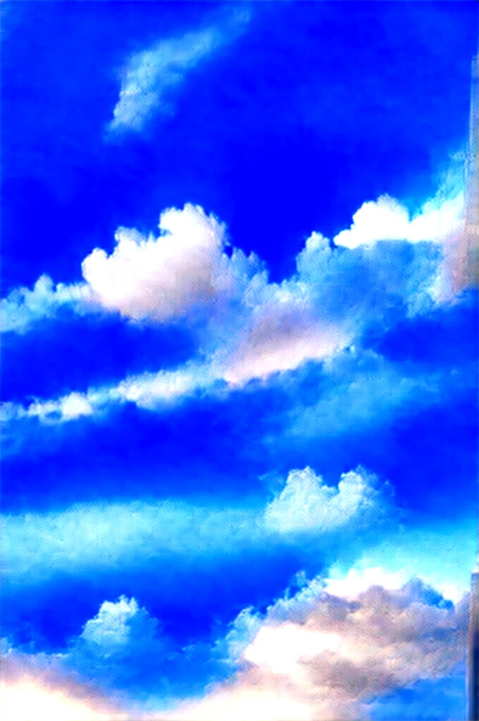 An emotional and evocative blue sky with soft, fluffy clouds scattered throughout. The sky is a rich, deep blue with subtle gradients, transitioning from a lighter blue near the horizon to a darker, almost navy blue at the zenith. Rays of sunlight peek through the clouds, creating a warm, golden glow. The overall mood is serene and uplifting, evoking feelings of peace, hope, and wonder. There is a sense of depth and vastness in the sky, with some clouds appearing closer and more detailed, while others are distant and ethereal. --ar 9:16