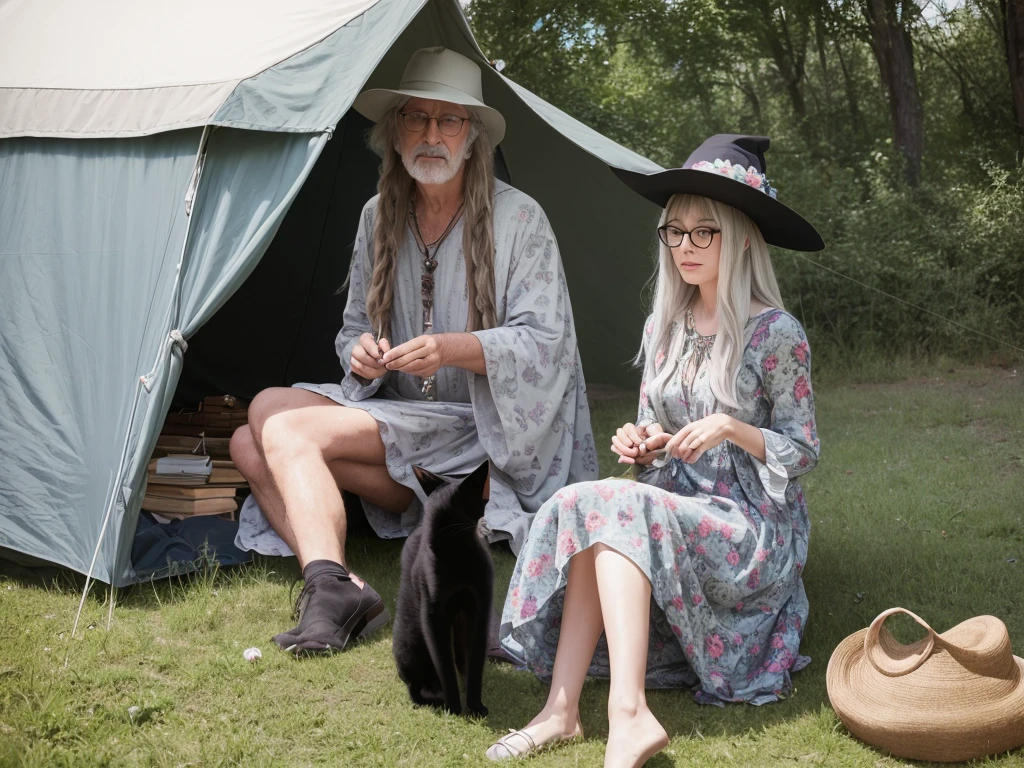 groovy old 1960s grey haired hippy witch woman, hat, long floral dress, glasses, black cat, sitting in a tent smoking her pipe, sitting cross-legged at Woodstock music festival, photo real, high detail, 8k, atmospheric