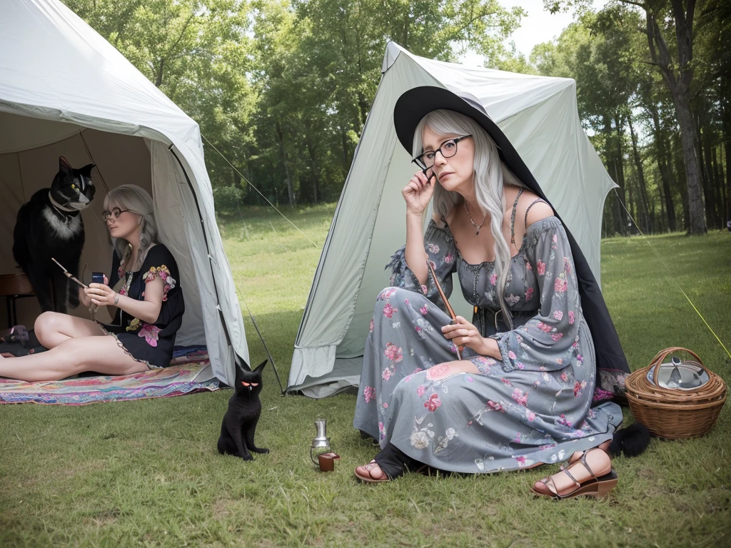 groovy old 1960s grey haired hippy witch woman, hat, long floral dress, glasses, black cat, sitting in a tent smoking her pipe, sitting cross-legged at Woodstock music festival, photo real, high detail, 8k, atmospheric