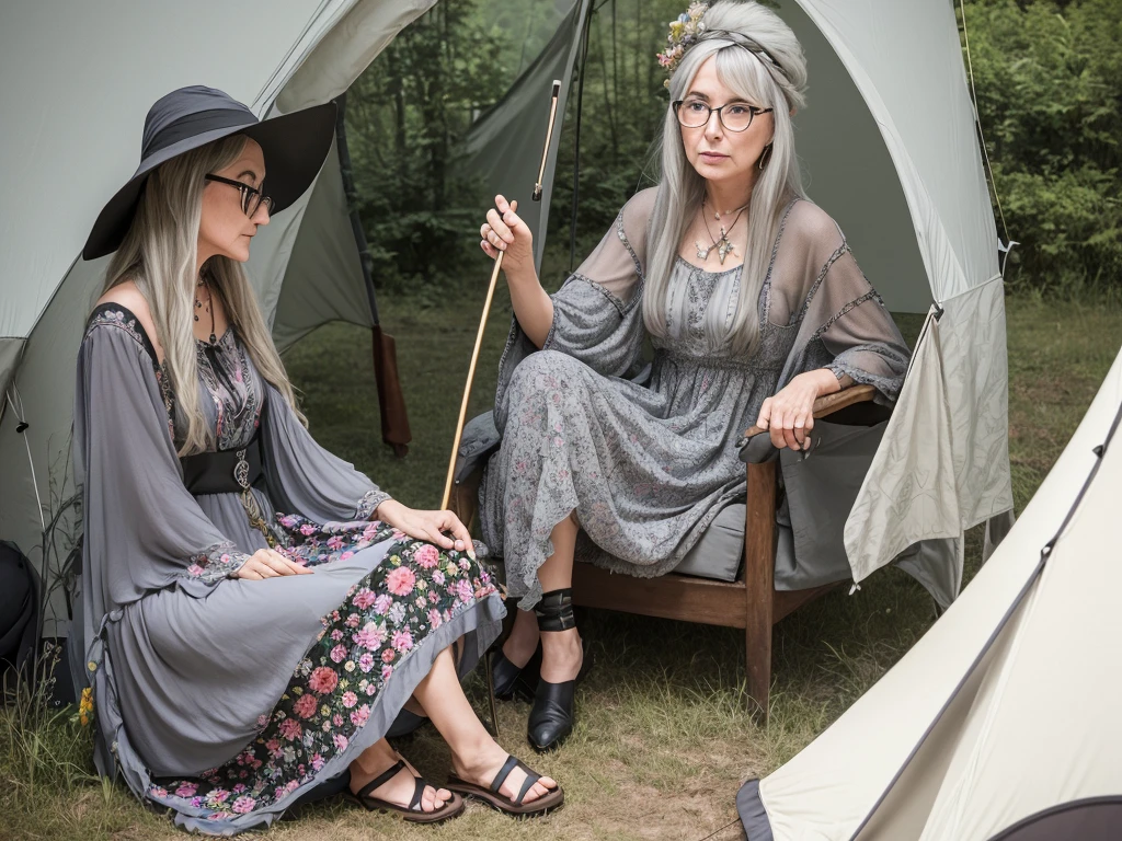 groovy old 1960s grey haired hippy witch woman, hat, long floral dress, glasses, black cat, sitting in a tent smoking her pipe, sitting cross-legged at Woodstock music festival, photo real, high detail, 8k, atmospheric